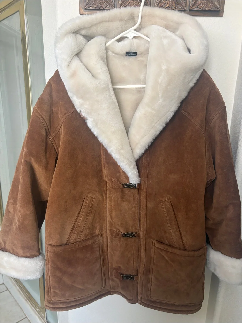 Faux Shearling Hooded Real Suede Coat - Cream Trim Brown